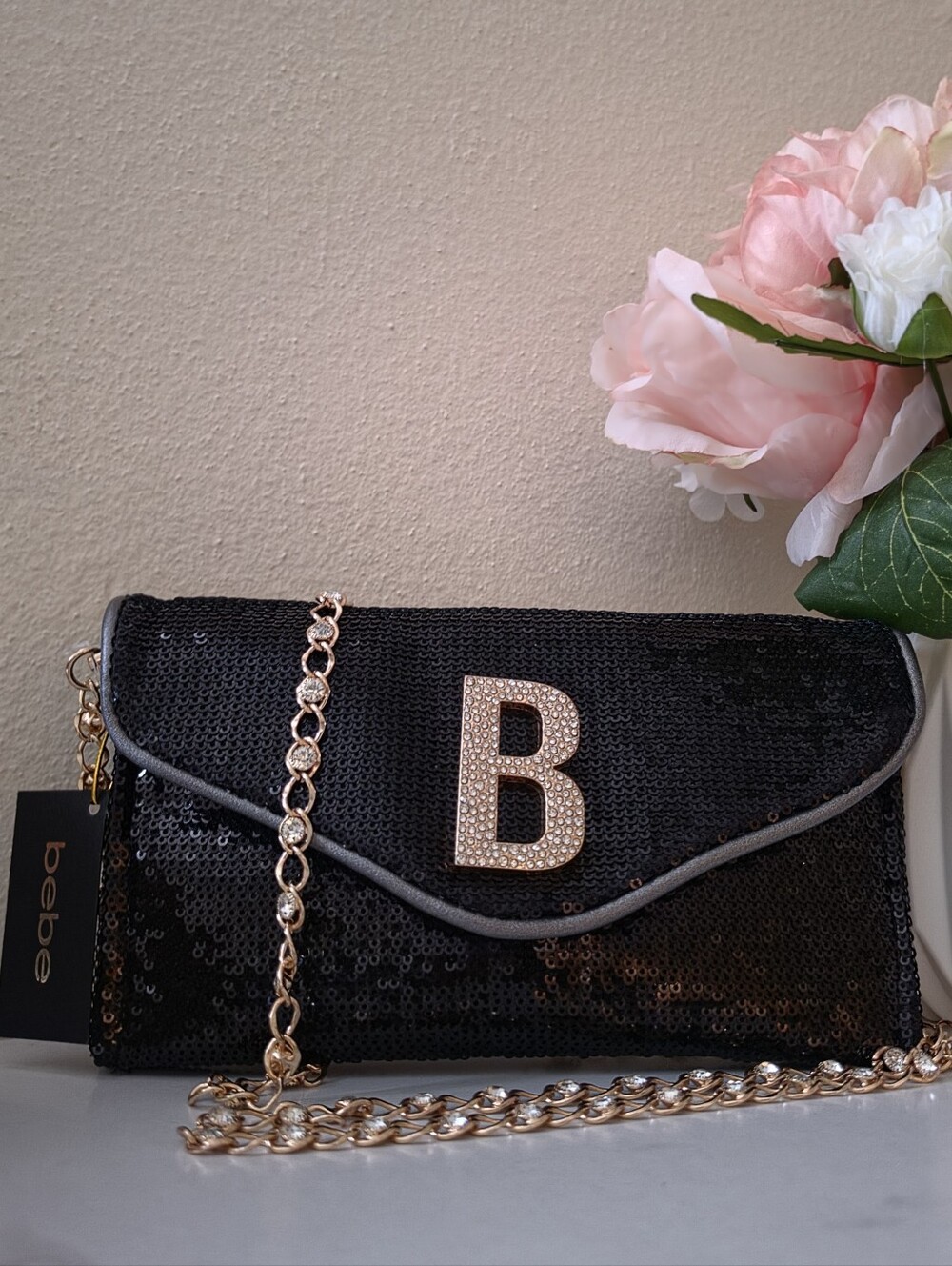 Bebe Miro Sequin Clutch Crossbody Bag in Black, Gold Rhinestone 'B' & Chain NWT